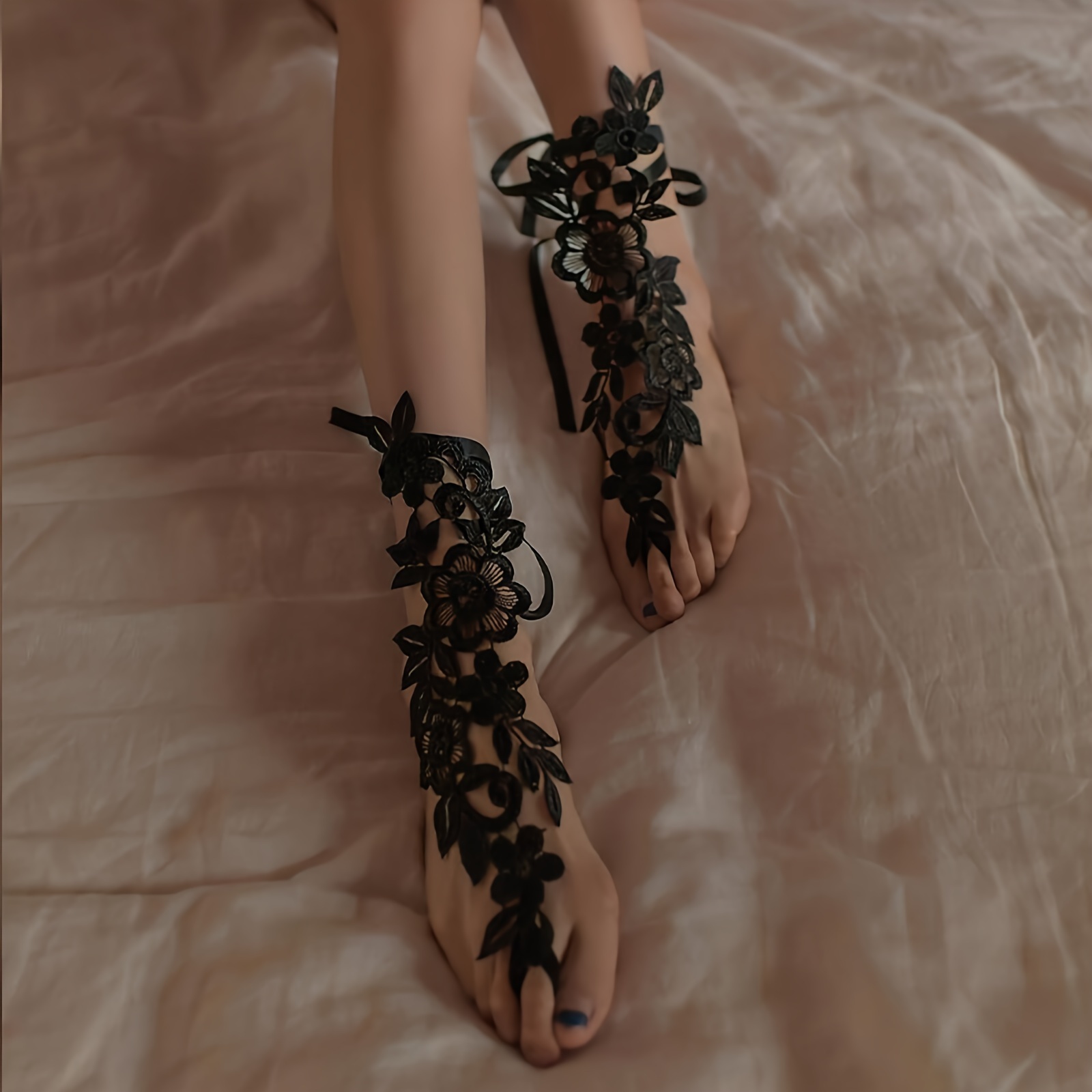 2pc Floral Lace Embroidery Anklet & Toe Ring Set for Women